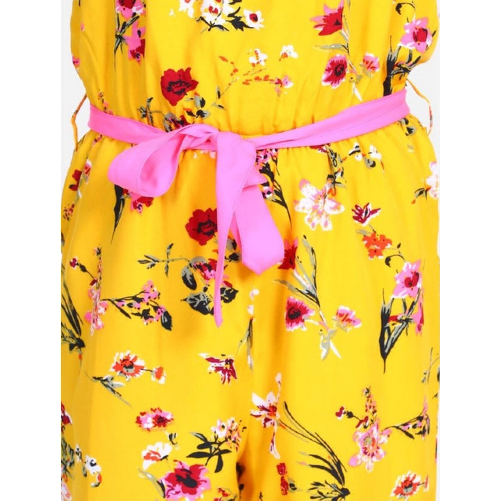 Girl's Polyester Crepe Floral Shoulder Straps Jumpsuit - Yellow-Pink