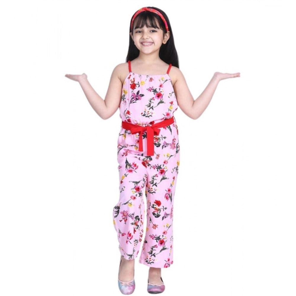 Girl's Polyester Crepe Floral Shoulder Straps Jumpsuit - Pink-Red
