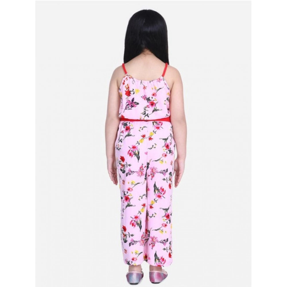 Girl's Polyester Crepe Floral Shoulder Straps Jumpsuit - Pink-Red
