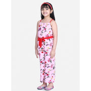 Girl's Polyester Crepe Floral Shoulder Straps Jumpsuit - Pink-Red