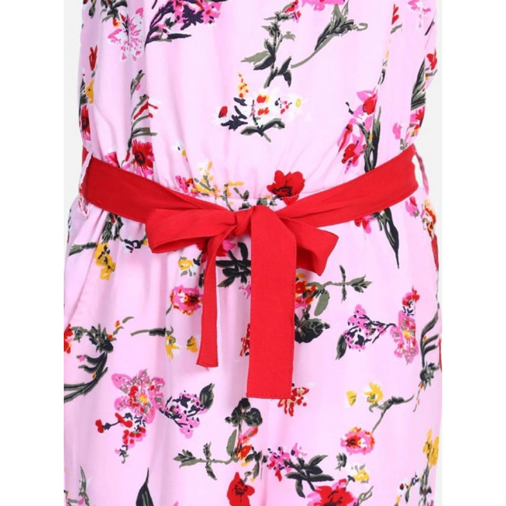 Girl's Polyester Crepe Floral Shoulder Straps Jumpsuit - Pink-Red