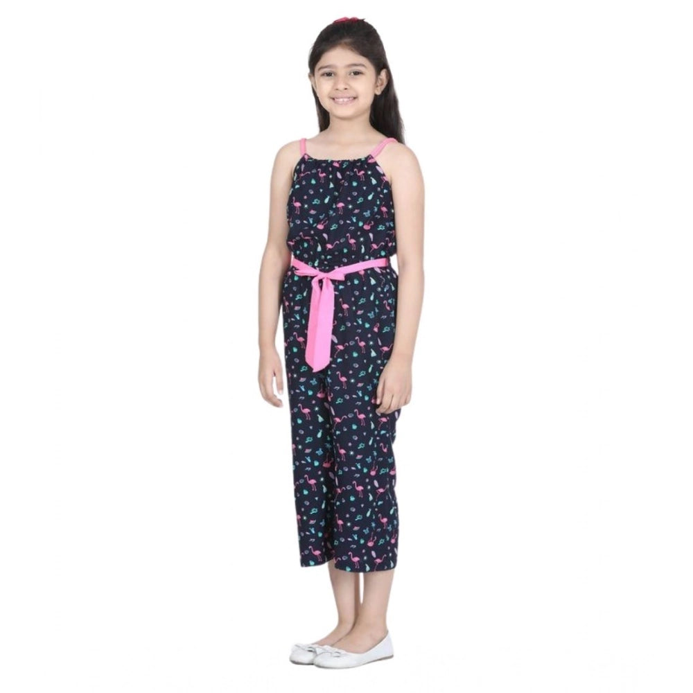 Girl's Rayon Flamingo Print Sleeveless Jumpsuit - Black-Pink