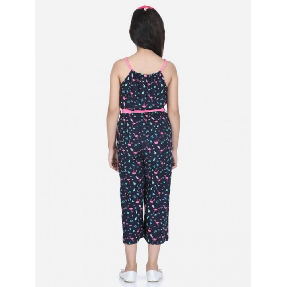 Girl's Rayon Flamingo Print Sleeveless Jumpsuit - Black-Pink