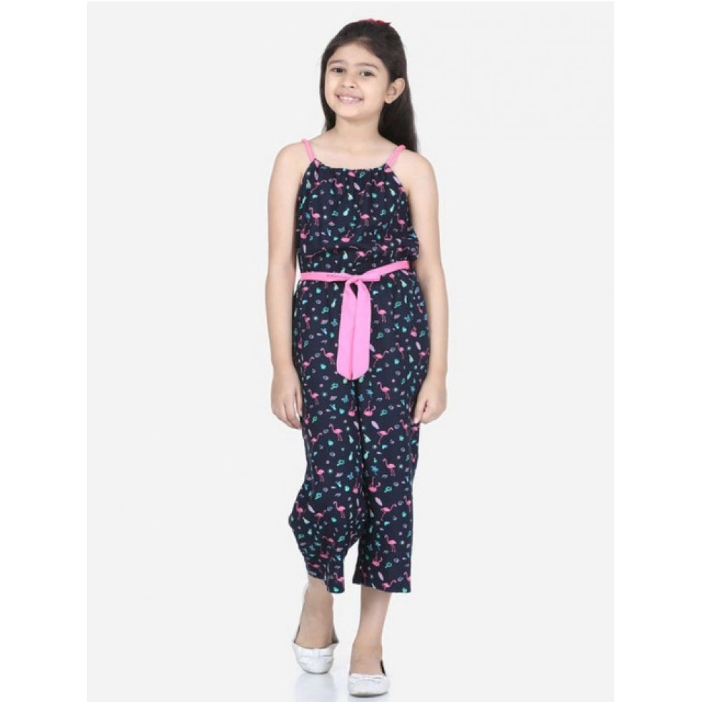 Girl's Rayon Flamingo Print Sleeveless Jumpsuit - Black-Pink