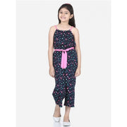 Girl's Rayon Flamingo Print Sleeveless Jumpsuit - Black-Pink