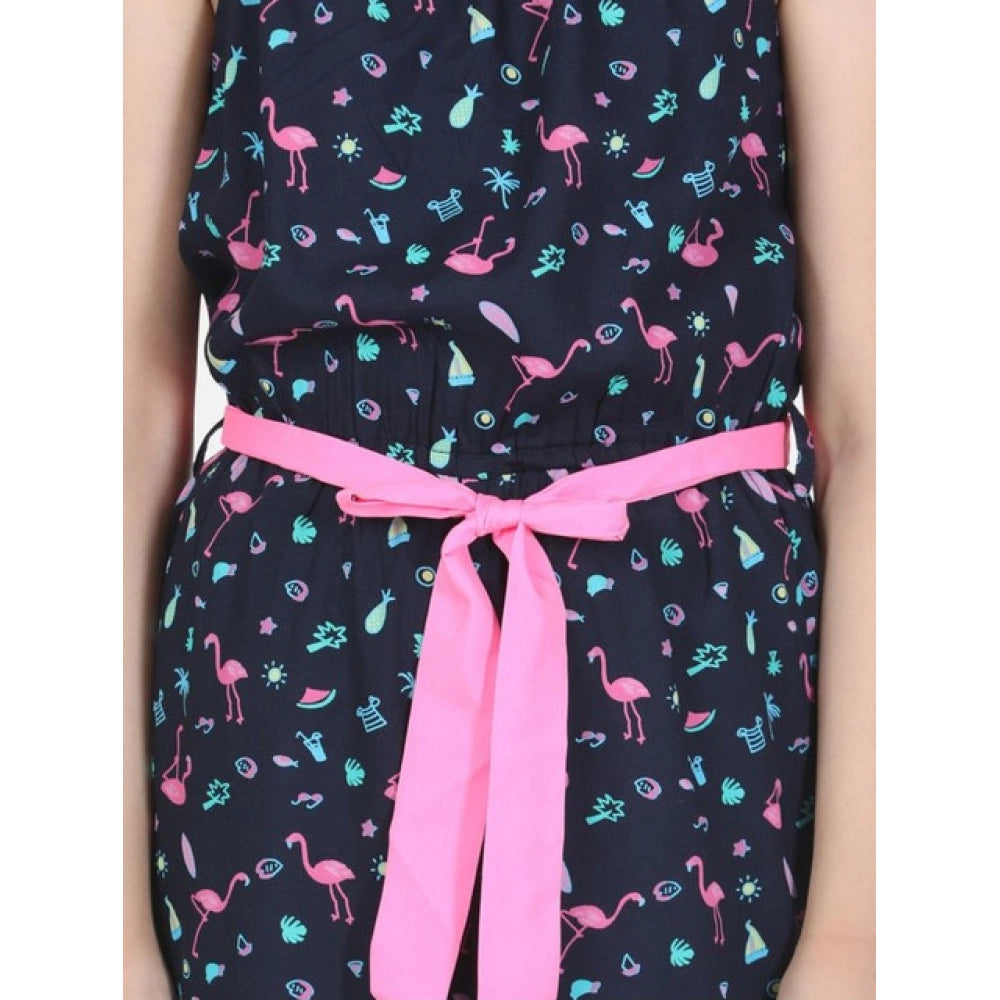 Girl's Rayon Flamingo Print Sleeveless Jumpsuit - Black-Pink