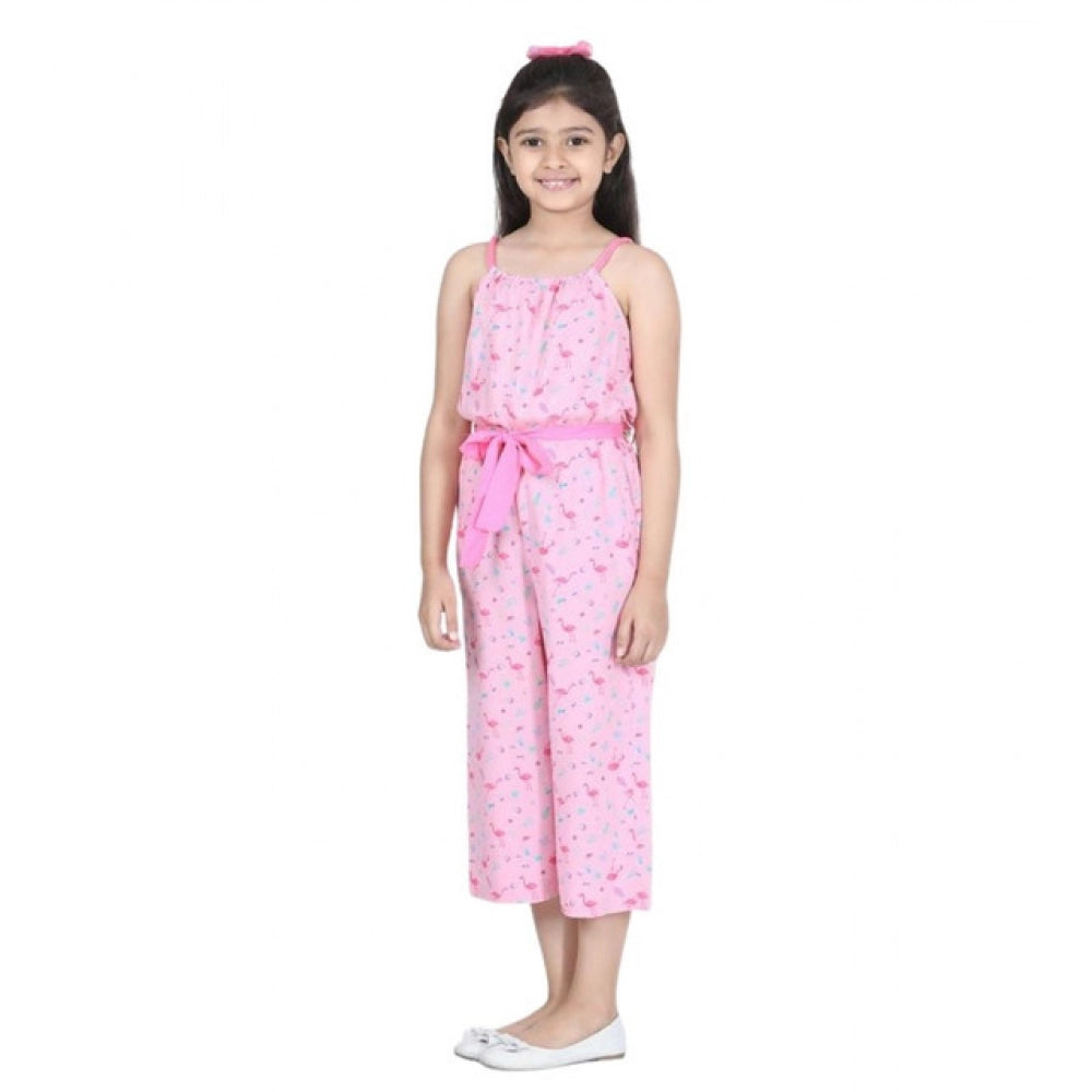Girl's Rayon Flamingo Print Sleeveless Jumpsuit - Pink