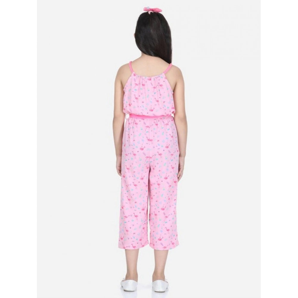 Girl's Rayon Flamingo Print Sleeveless Jumpsuit - Pink