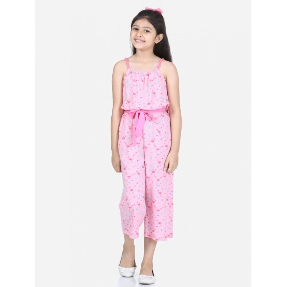 Girl's Rayon Flamingo Print Sleeveless Jumpsuit - Pink