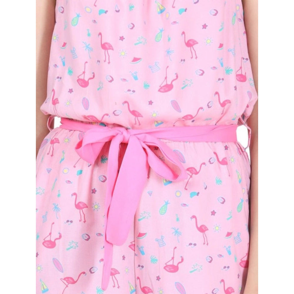 Girl's Rayon Flamingo Print Sleeveless Jumpsuit - Pink