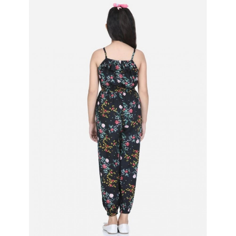 Girl's Rayon Flamingo Print Sleeveless Jumpsuit - Black-Multicolor
