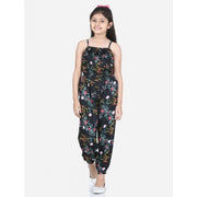 Girl's Rayon Flamingo Print Sleeveless Jumpsuit - Black-Multicolor