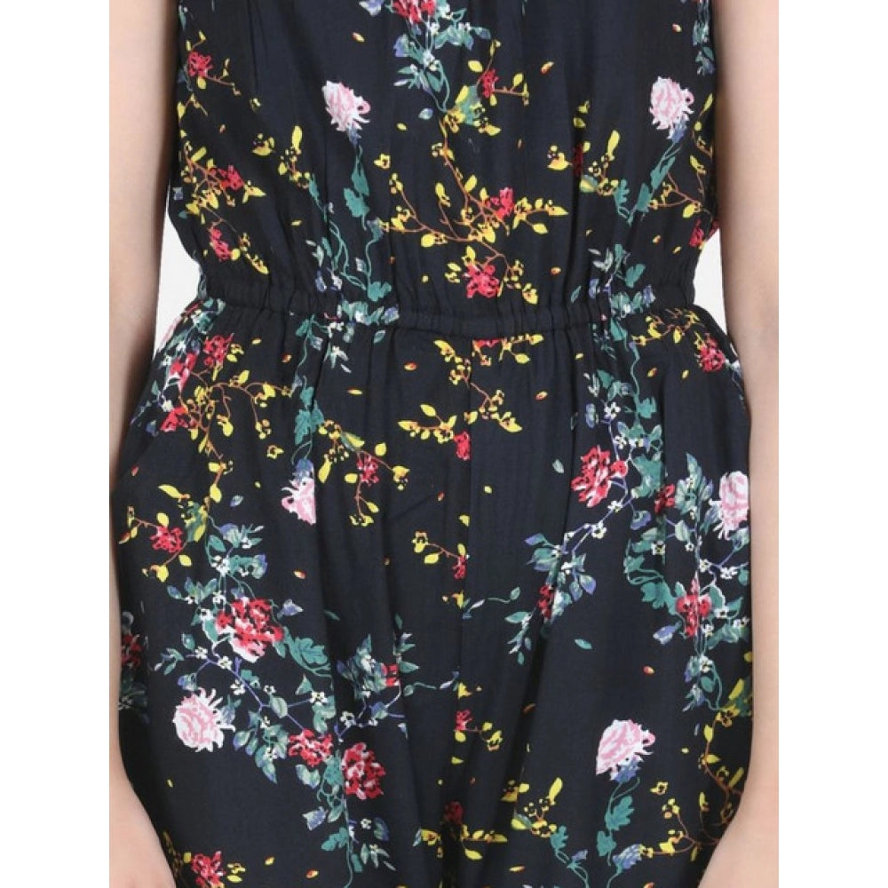 Girl's Rayon Flamingo Print Sleeveless Jumpsuit - Black-Multicolor