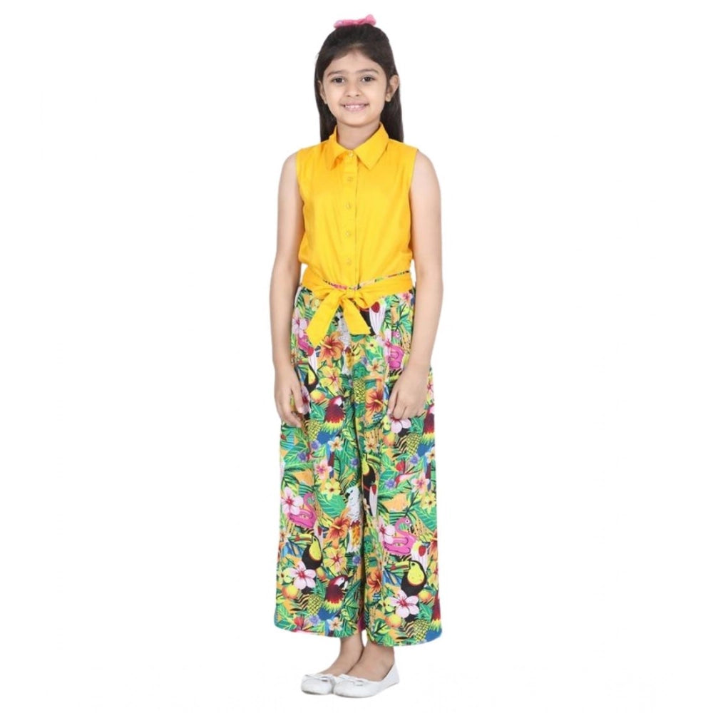 Girl's Rayon Flamingo Print Sleeveless Jumpsuit - Yellow-Multicolor