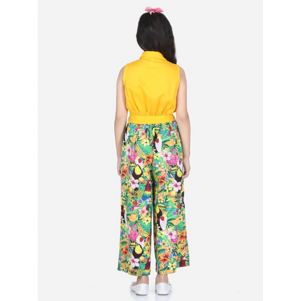 Girl's Rayon Flamingo Print Sleeveless Jumpsuit - Yellow-Multicolor