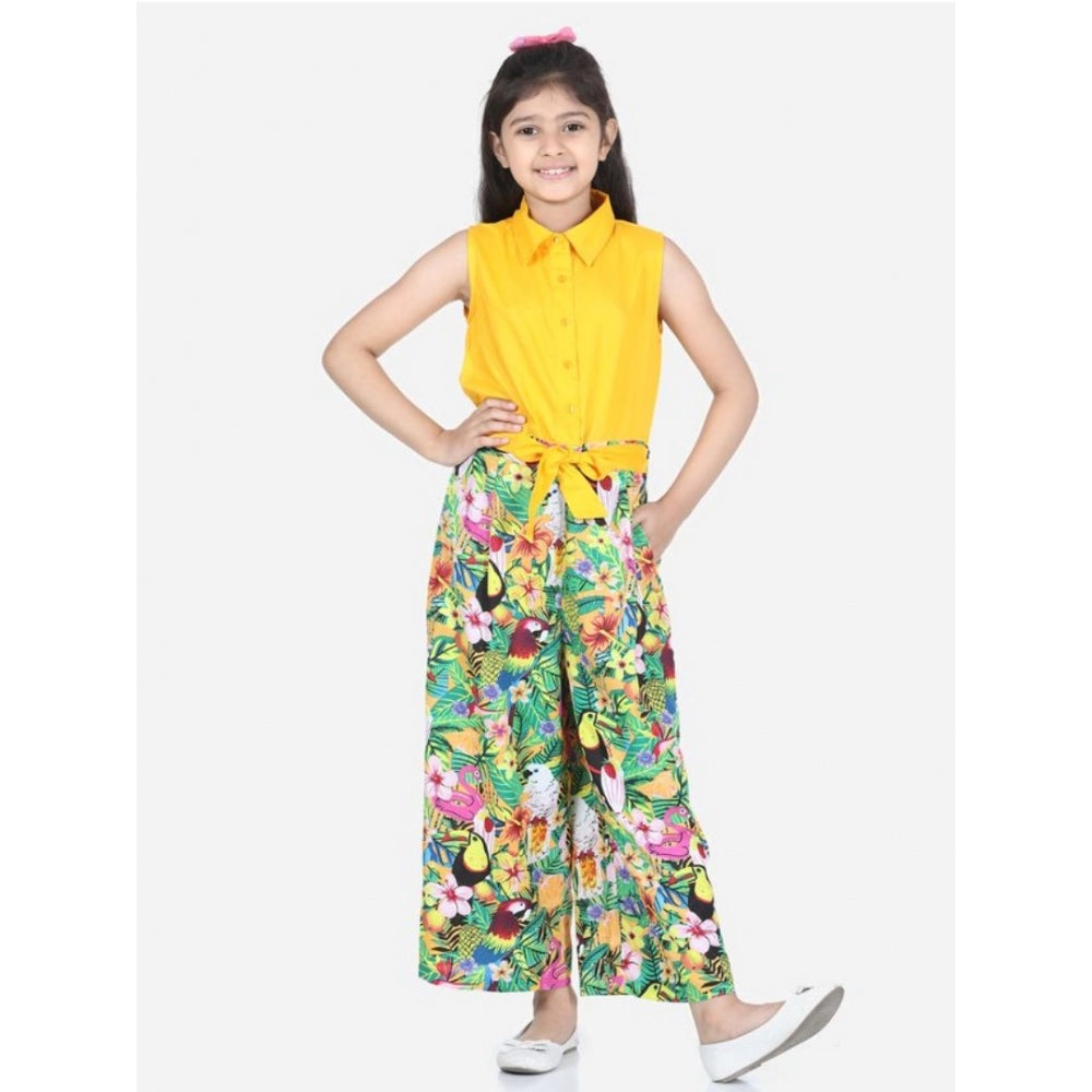 Girl's Rayon Flamingo Print Sleeveless Jumpsuit - Yellow-Multicolor
