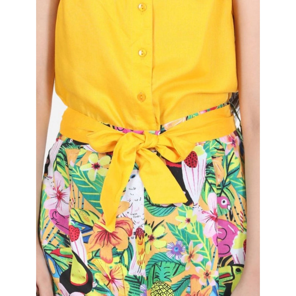 Girl's Rayon Flamingo Print Sleeveless Jumpsuit - Yellow-Multicolor