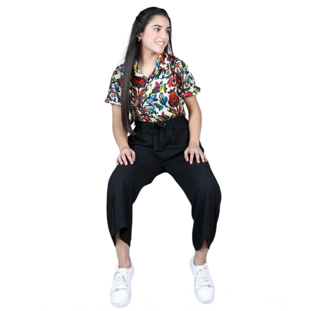 Girl's Polyester Printed Short Sleeves Jumpsuit - Multicolor-Black