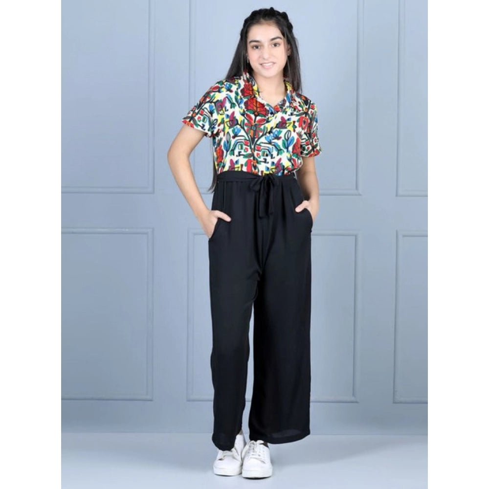 Girl's Polyester Printed Short Sleeves Jumpsuit - Multicolor-Black