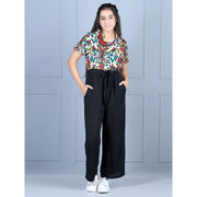 Girl's Polyester Printed Short Sleeves Jumpsuit - Multicolor-Black