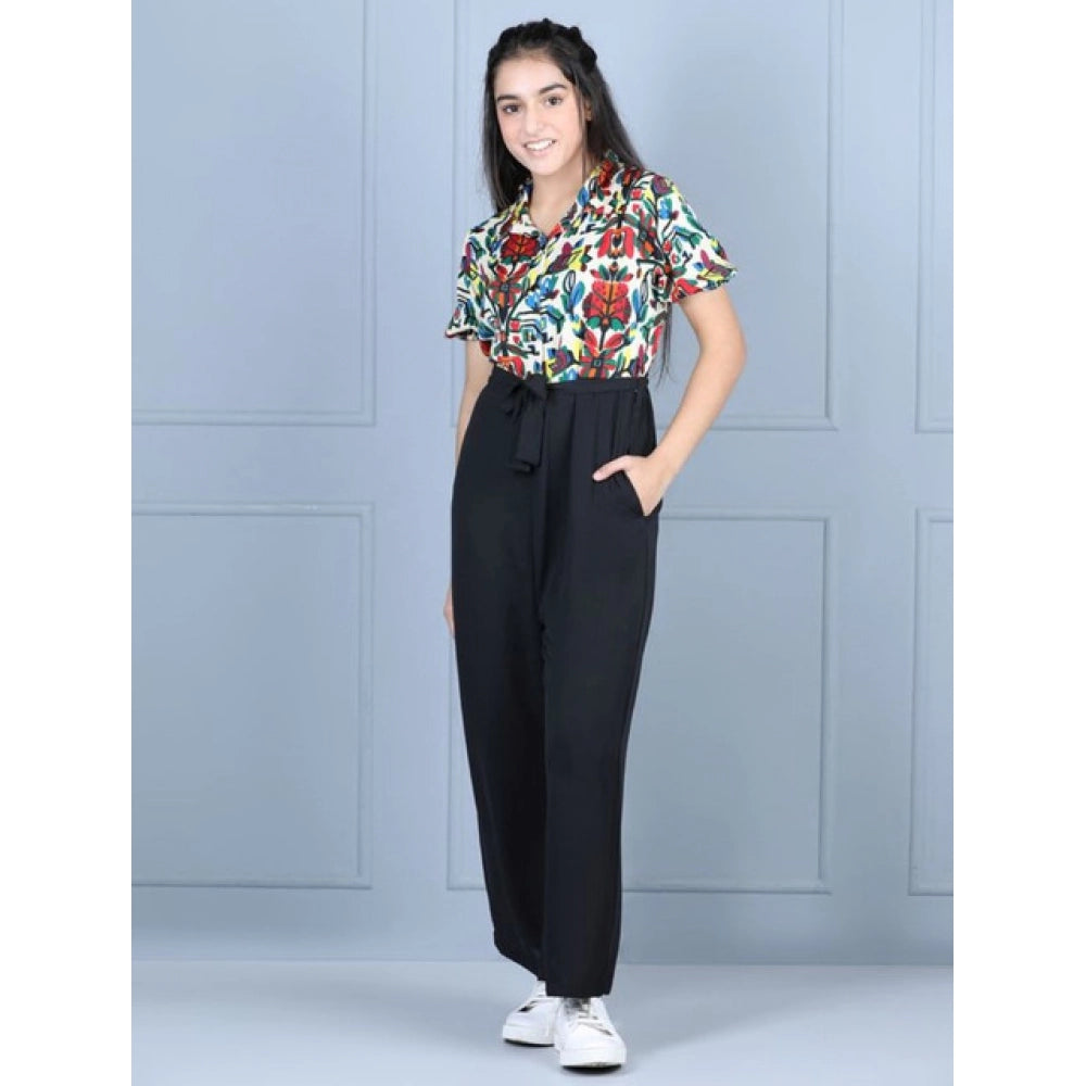 Girl's Polyester Printed Short Sleeves Jumpsuit - Multicolor-Black