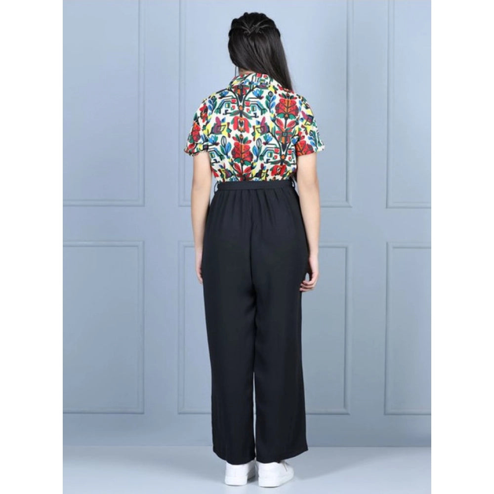 Girl's Polyester Printed Short Sleeves Jumpsuit - Multicolor-Black