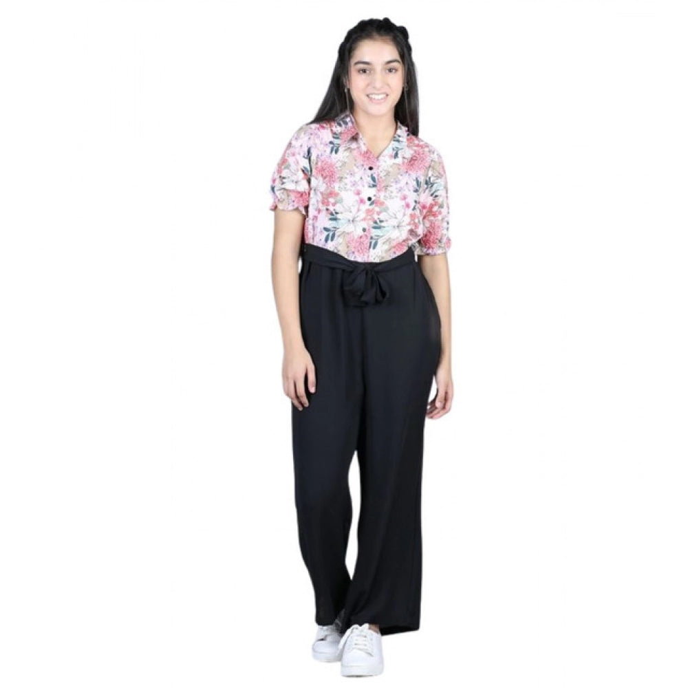 Girl's Polyester Floral Short Sleeves Jumpsuit - White-Black