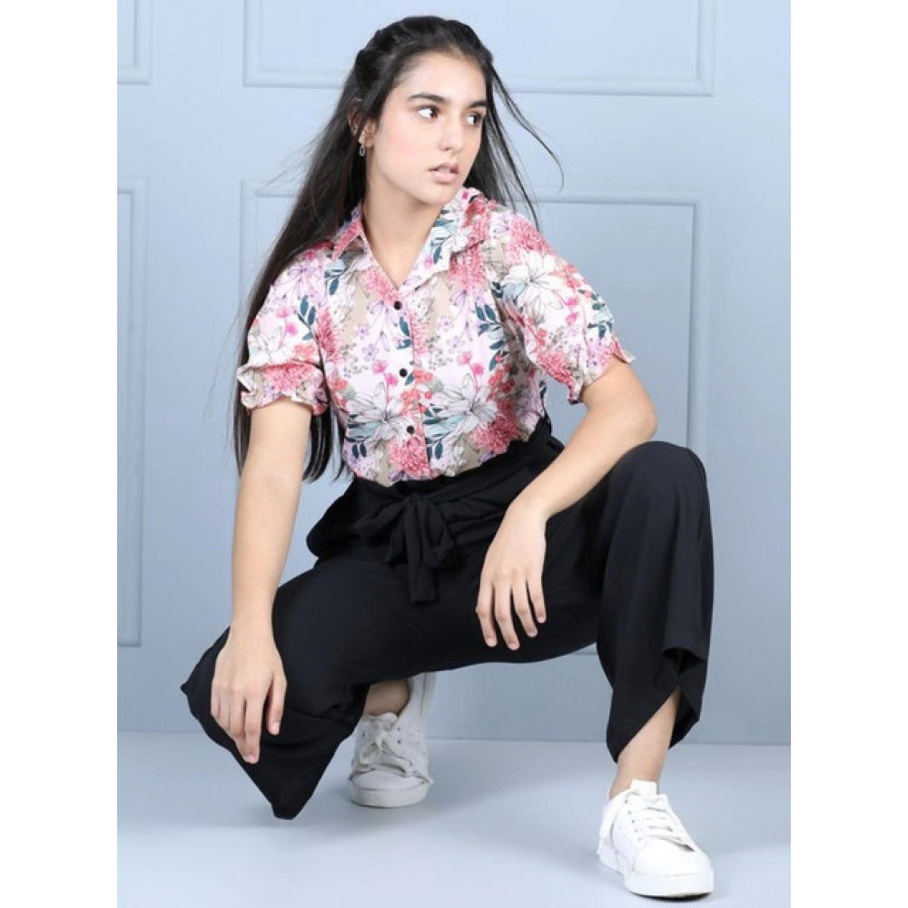 Girl's Polyester Floral Short Sleeves Jumpsuit - White-Black