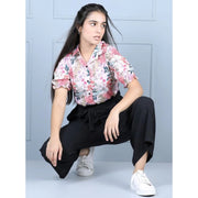 Girl's Polyester Floral Short Sleeves Jumpsuit - White-Black