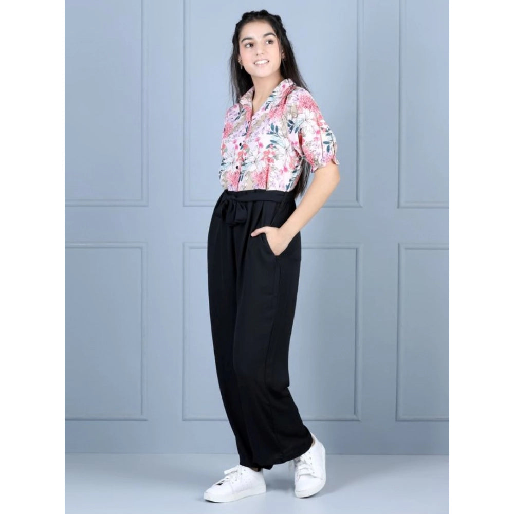 Girl's Polyester Floral Short Sleeves Jumpsuit - White-Black