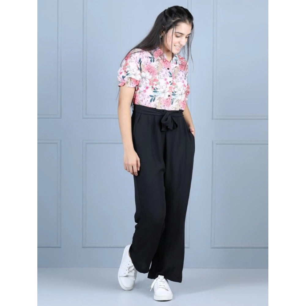 Girl's Polyester Floral Short Sleeves Jumpsuit - White-Black