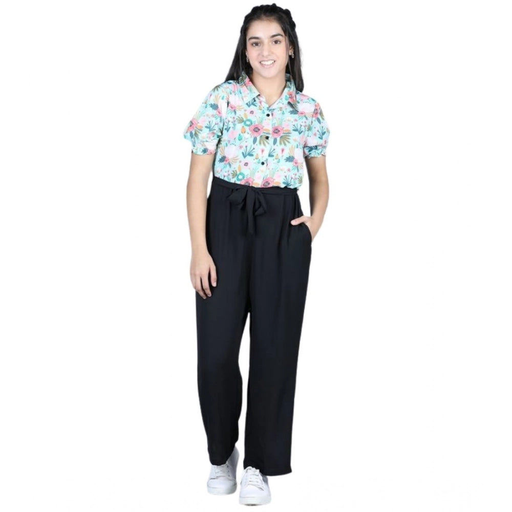 Girl's Polyester Floral Short Sleeves Jumpsuit - Green-Black