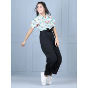Girl's Polyester Floral Short Sleeves Jumpsuit - Green-Black