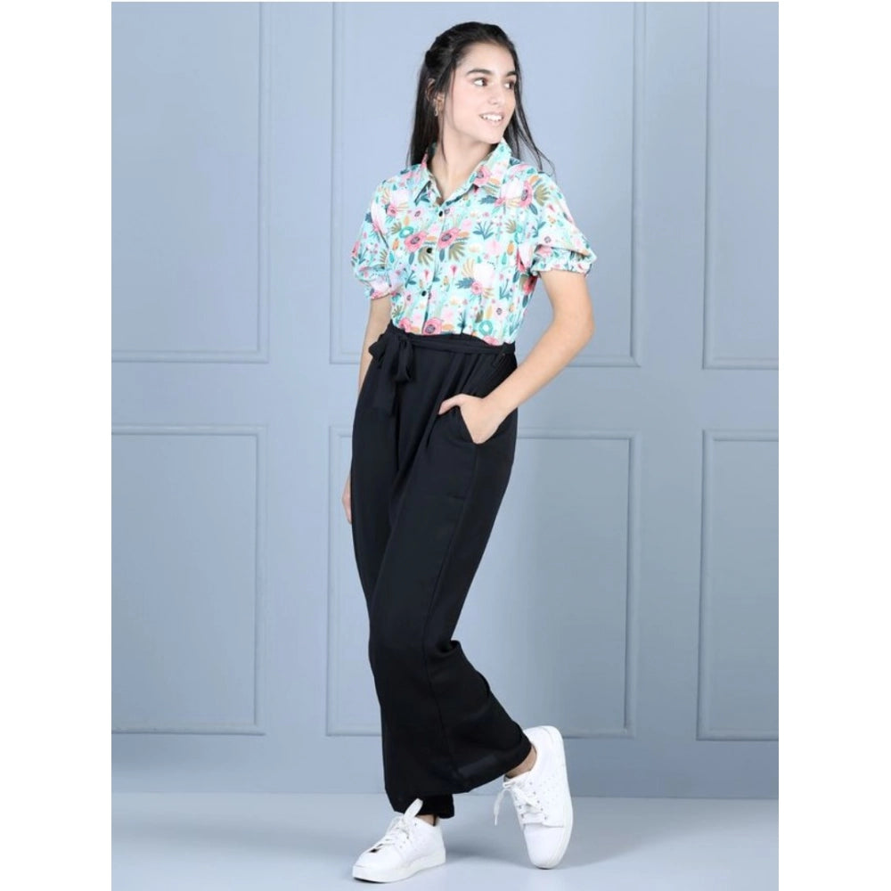 Girl's Polyester Floral Short Sleeves Jumpsuit - Green-Black