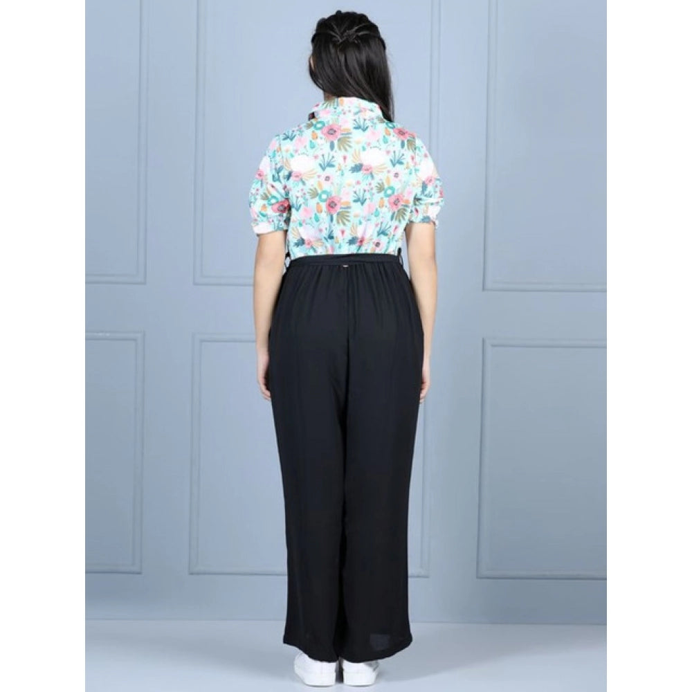 Girl's Polyester Floral Short Sleeves Jumpsuit - Green-Black