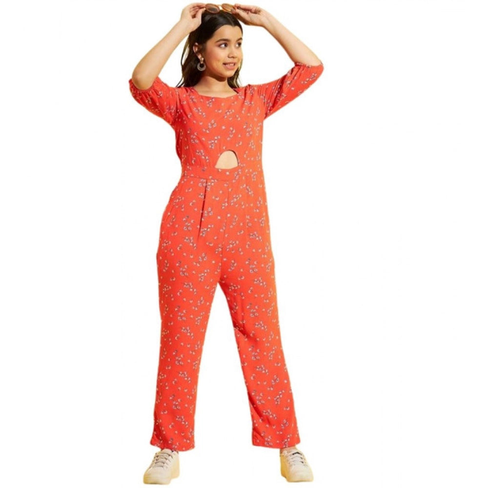 Girl's Polyester Floral 3/4th Sleeve Jumpsuit - Coral