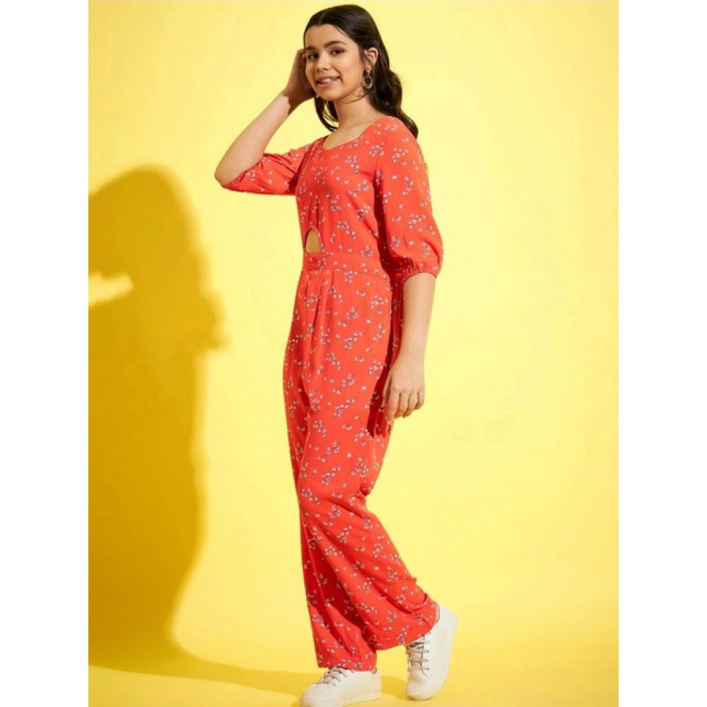 Girl's Polyester Floral 3/4th Sleeve Jumpsuit - Coral