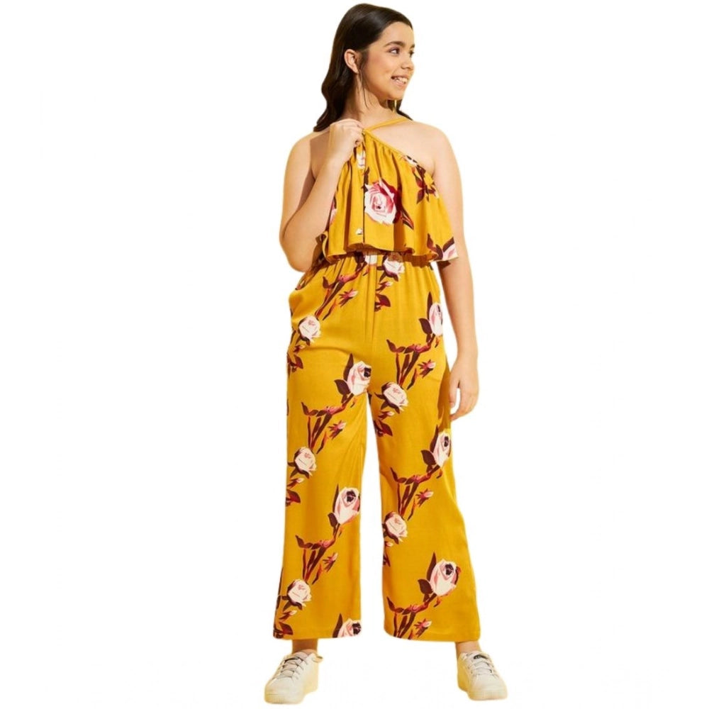 Girl's Polyester Crepe Floral Sleeveless Jumpsuit - Mustard