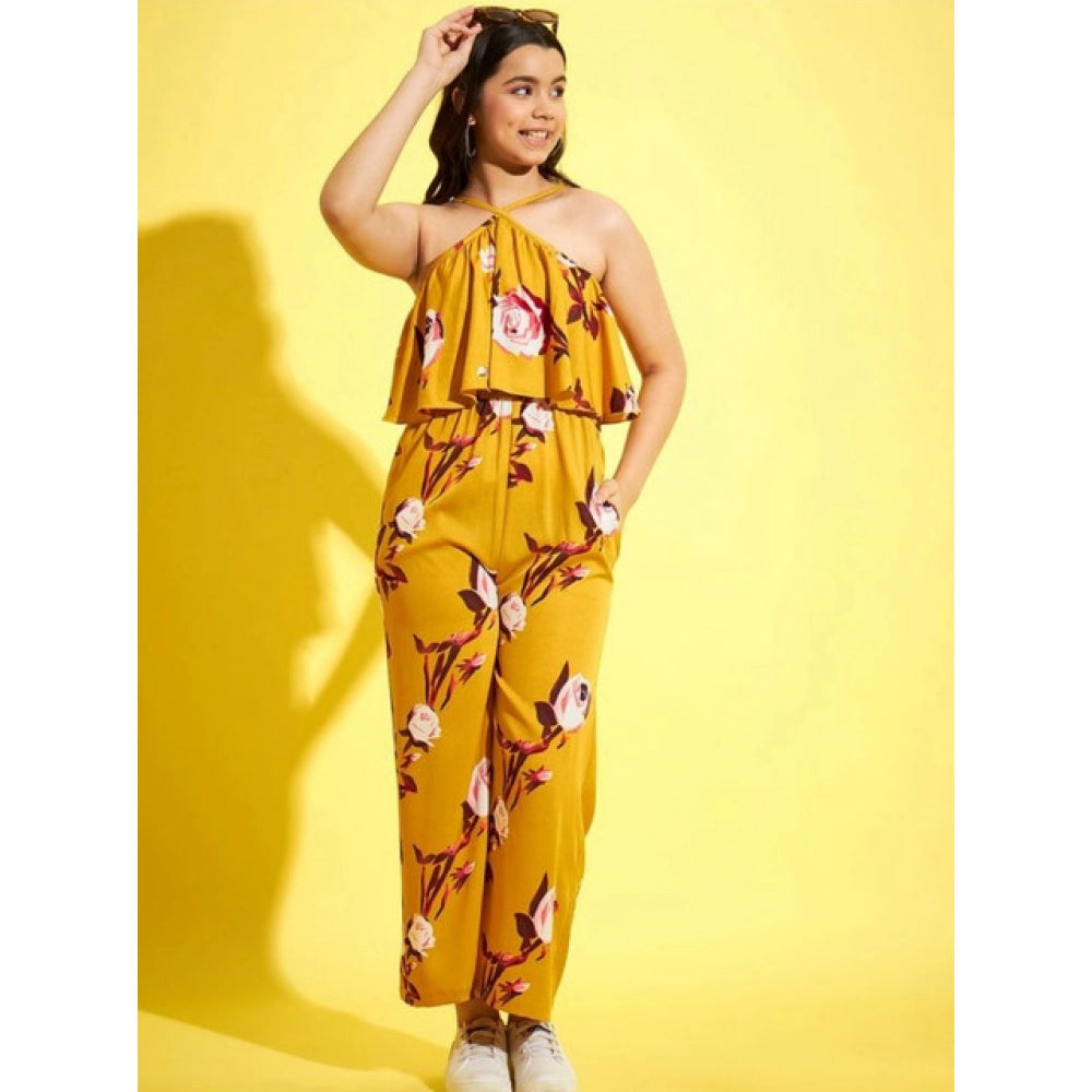 Girl's Polyester Crepe Floral Sleeveless Jumpsuit - Mustard