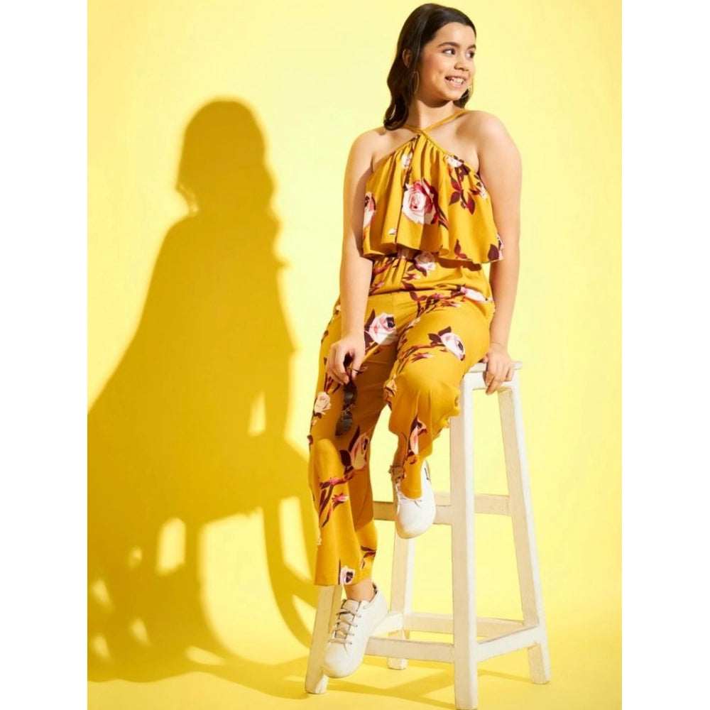 Girl's Polyester Crepe Floral Sleeveless Jumpsuit - Mustard