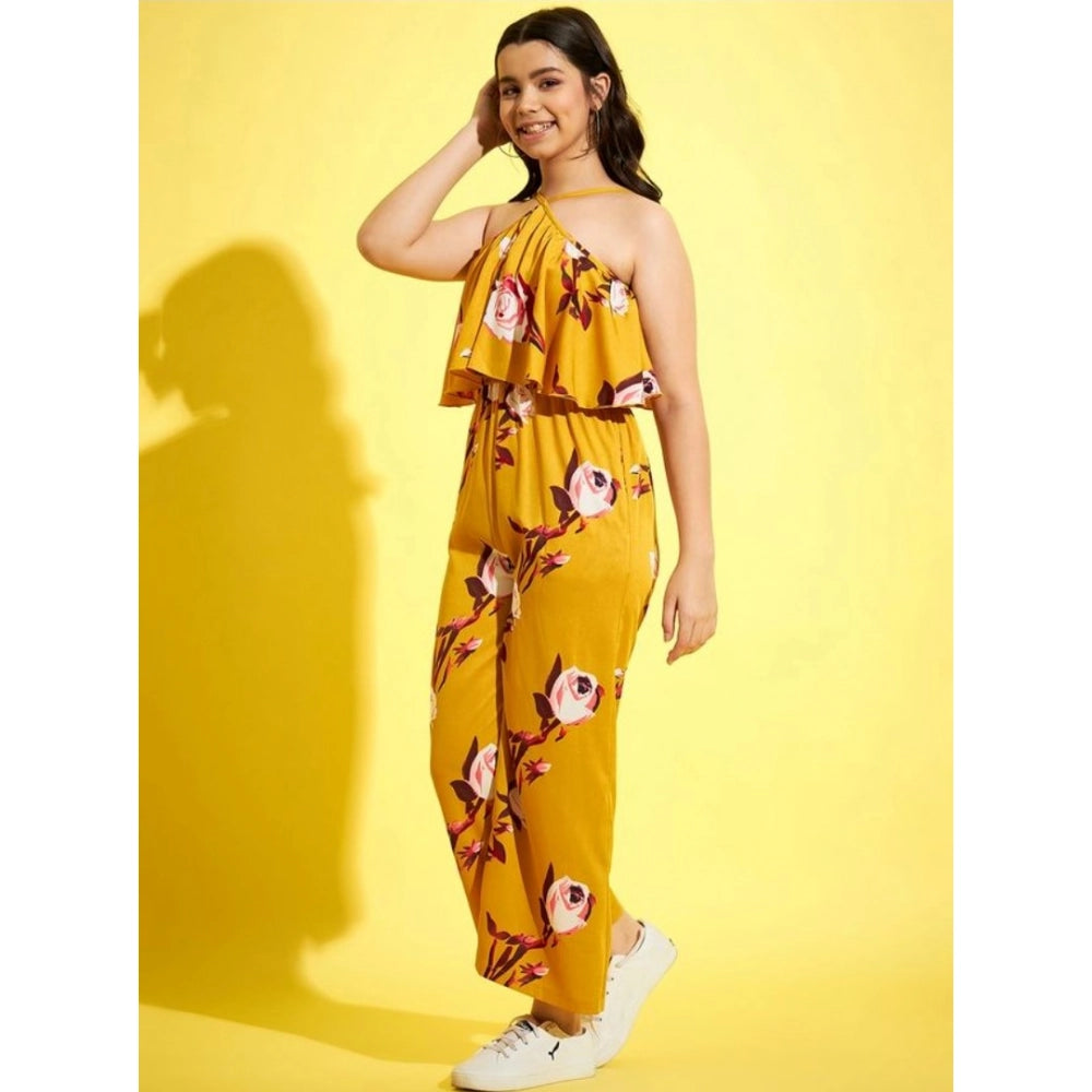 Girl's Polyester Crepe Floral Sleeveless Jumpsuit - Mustard