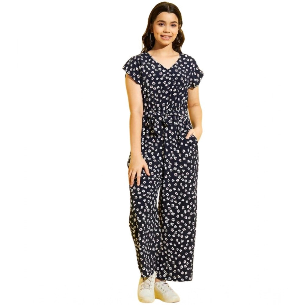 Girl's Polyester Moss Floral Short Sleeves Jumpsuit - Navy-white