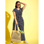 Girl's Polyester Moss Floral Short Sleeves Jumpsuit - Navy-white