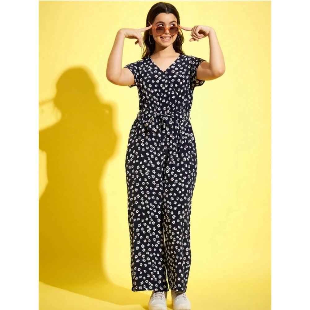 Girl's Polyester Moss Floral Short Sleeves Jumpsuit - Navy-white