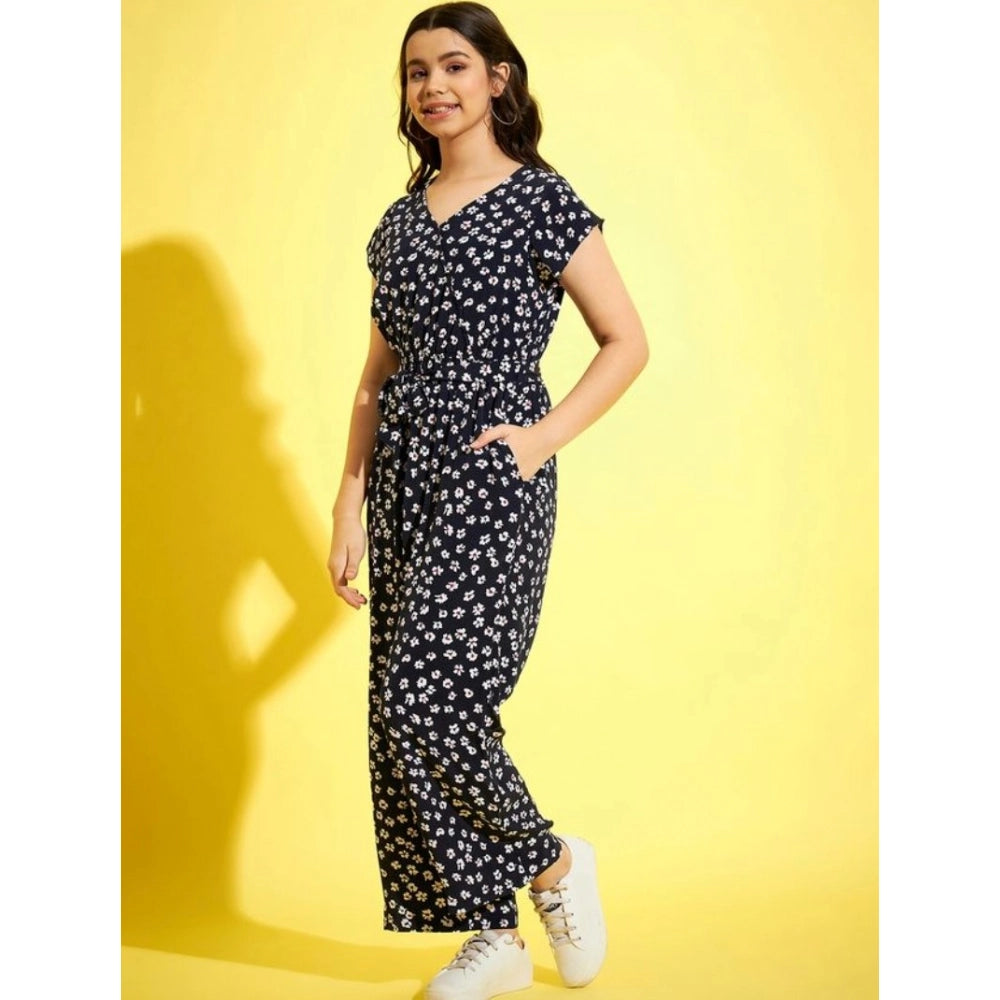 Girl's Polyester Moss Floral Short Sleeves Jumpsuit - Navy-white