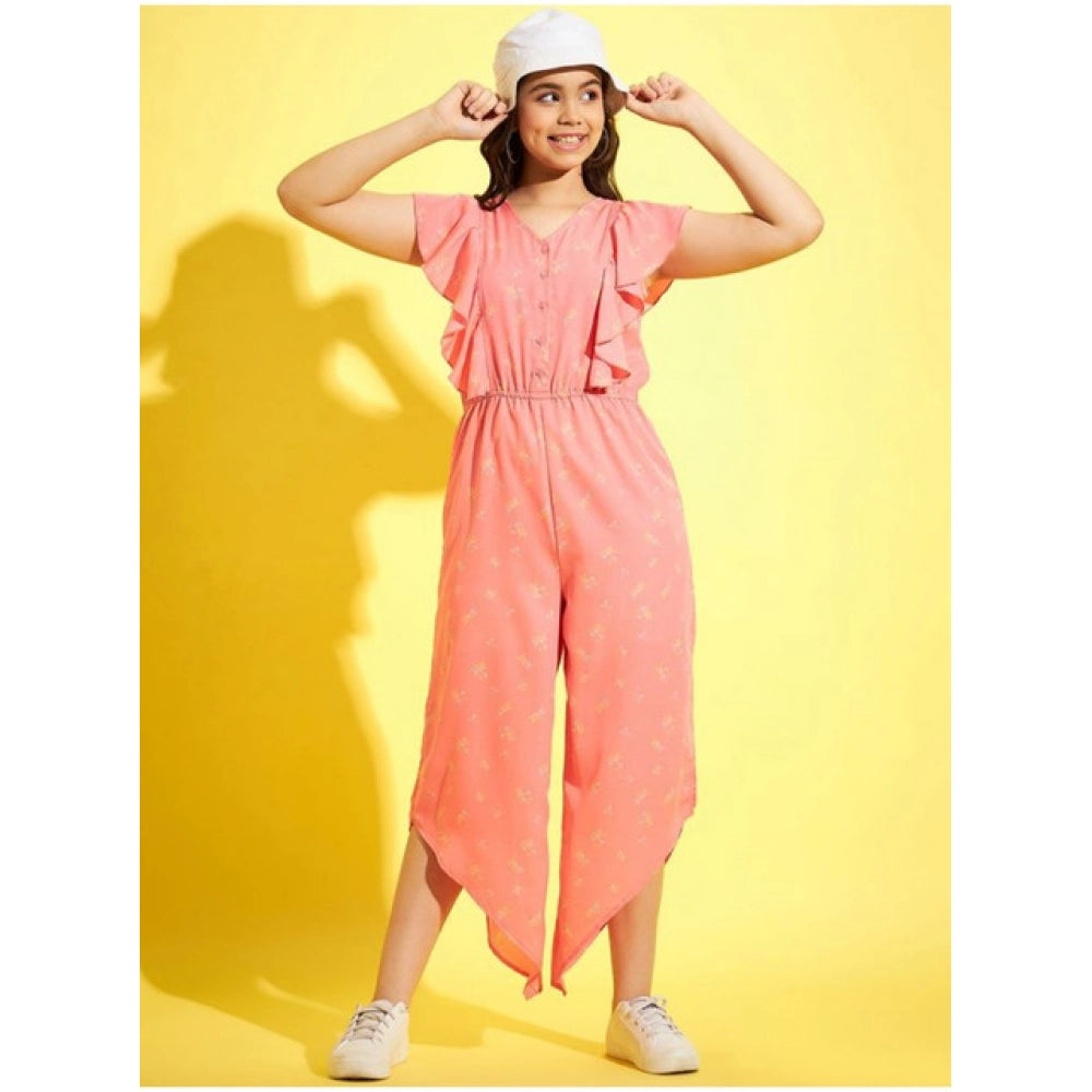 Girl's Polyester Floral Sleeveless Jumpsuit - Pink