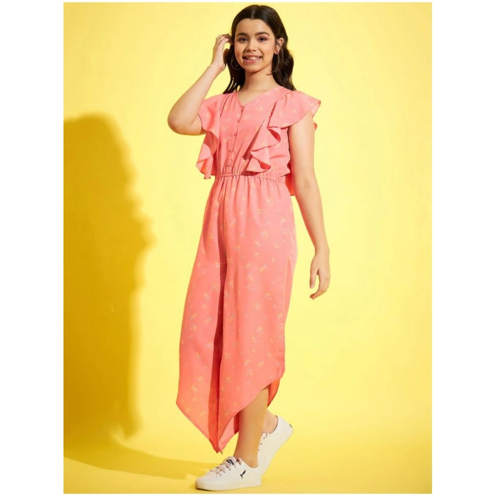 Girl's Polyester Floral Sleeveless Jumpsuit - Pink