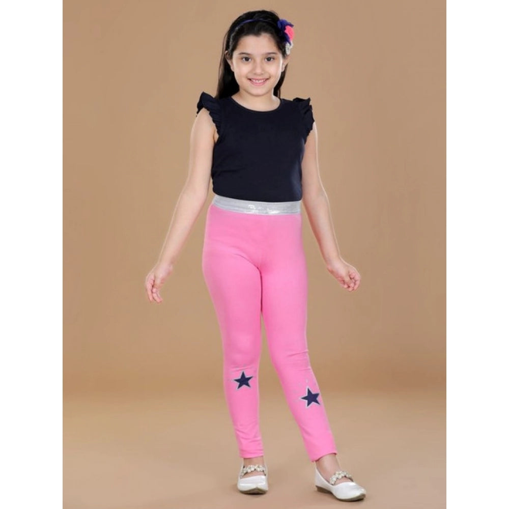 Girl's Cotton Lycra Star Print Elasticated Leggings - Pink