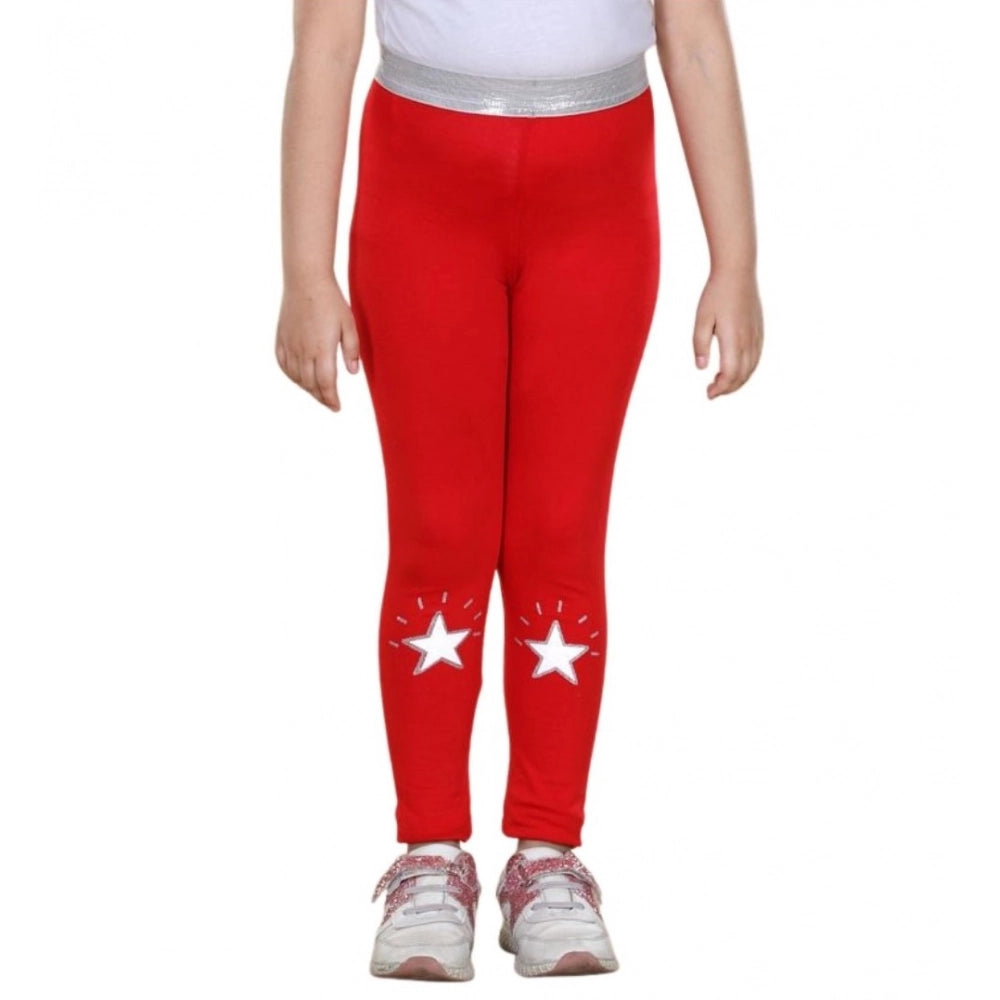 Girl's Cotton Lycra Star Print Elasticated Leggings - Red