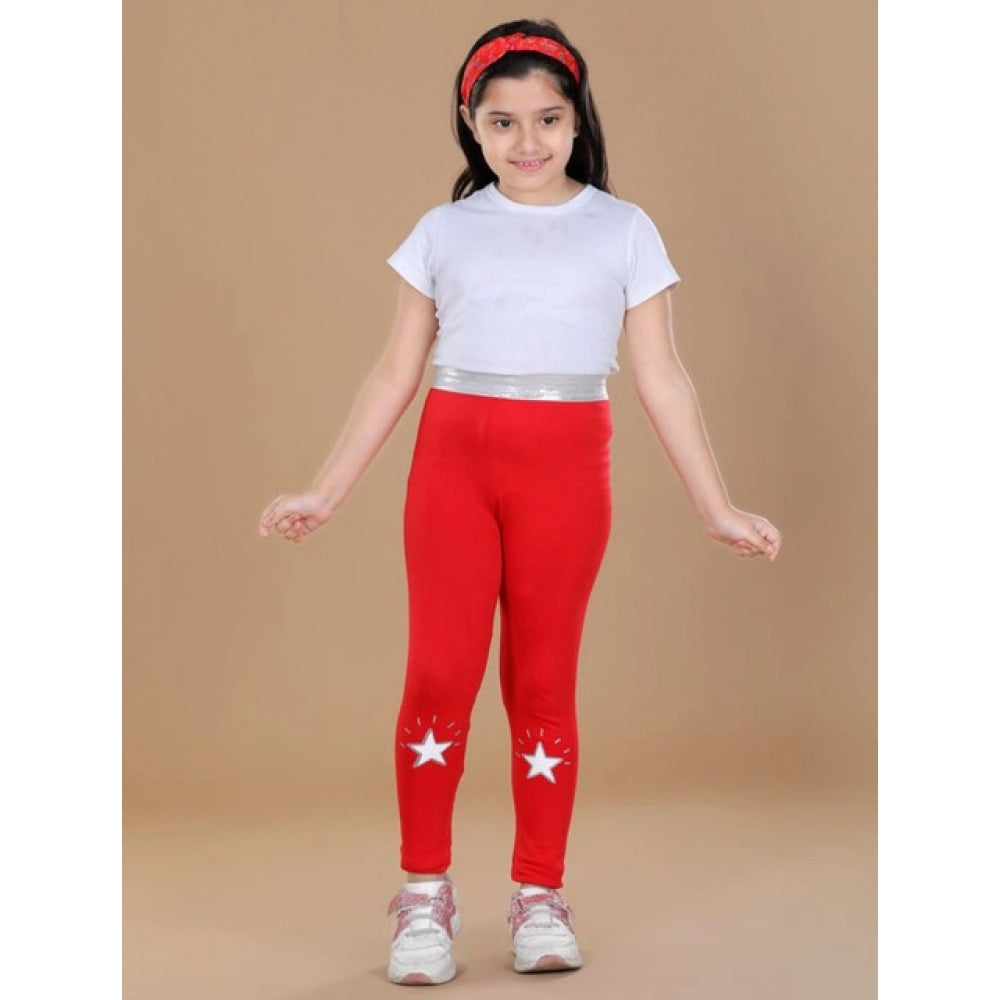 Girl's Cotton Lycra Star Print Elasticated Leggings - Red